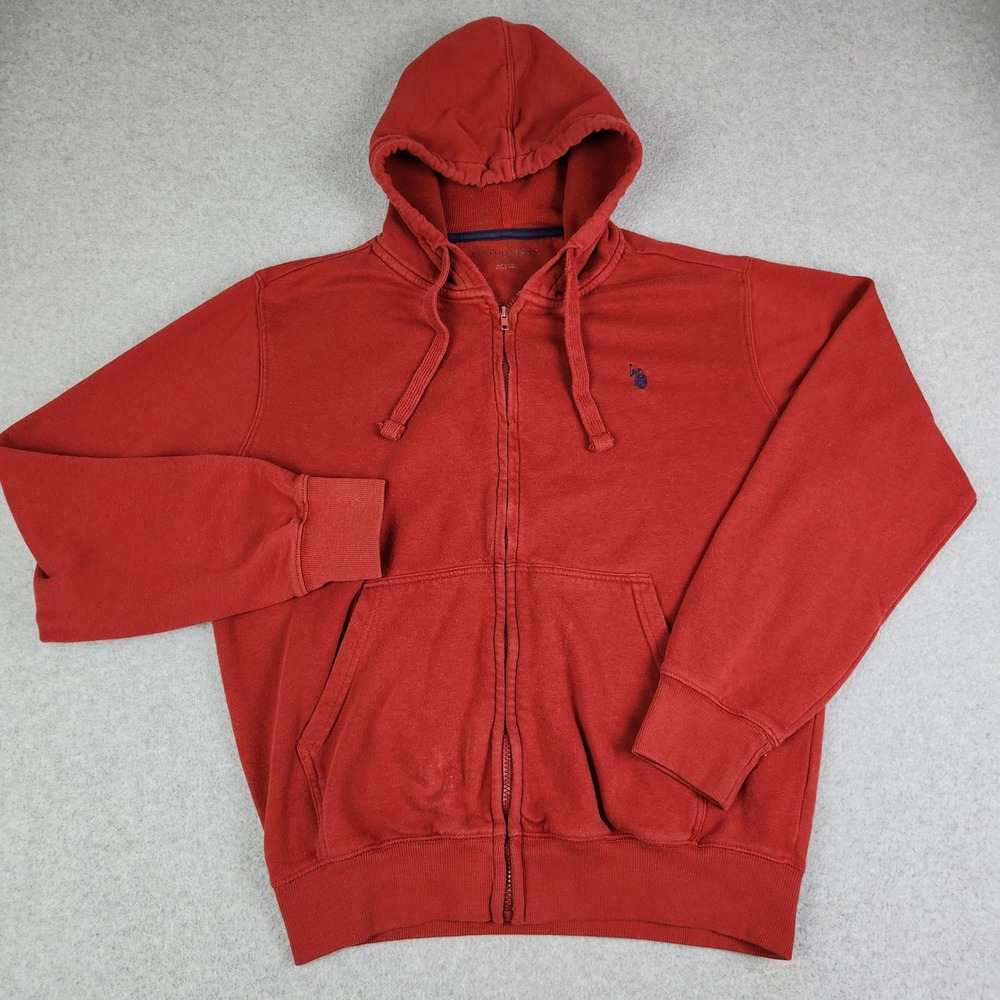 U.S. Polo Assn. Hoodie Mens Medium Red Full Zip‎ Fleece Logo Sweatshirt Classic